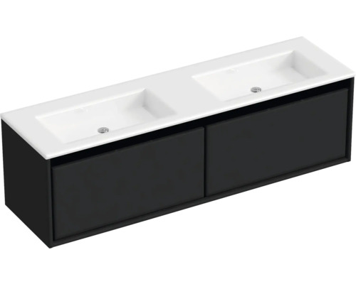 Badmöbel-Set Sanox Loft BxHxT 160,5 x 47 x 45,5 cm Frontfarbe schwarz matt 2-teilig mit Doppelwaschtisch Mineralguss ohne Hahnloch