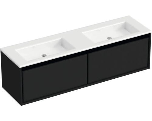 Badmöbel-Set Sanox Loft BxHxT 160,5 x 47 x 45,5 cm Frontfarbe schwarz matt 2-teilig mit Doppelwaschtisch Mineralguss weiß matt ohne Hahnloch