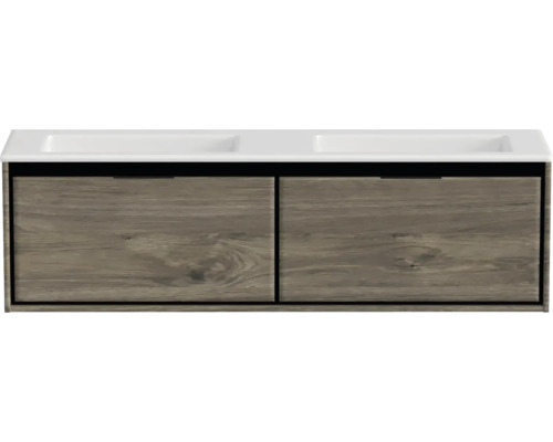 Badmöbel-Set Sanox Loft BxHxT 160,5 x 47 x 45,5 cm Frontfarbe espresso 2-teilig mit Doppelwaschtisch Mineralguss weiß matt ohne Hahnloch