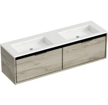 Waschtisch mit zwei Waschbecken und Holzstruktur