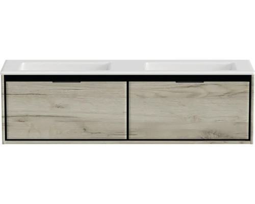 Badmöbel-Set Sanox Loft BxHxT 160,5 x 47 x 45,5 cm Frontfarbe craft oak 2-teilig mit Doppelwaschtisch Mineralguss weiß matt ohne Hahnloch