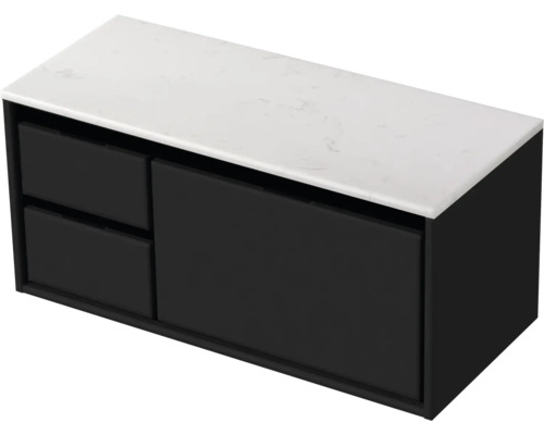Waschtischunterschrank Sanox Loft BxHxT 101 x 47 cm x 46 cm Frontfarbe schwarz matt mit Waschtischplatte Kunststein weiß 2 Schubkästen links