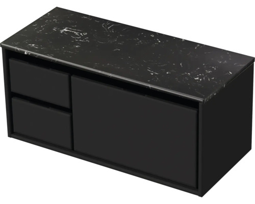 Waschtischunterschrank Sanox Loft BxHxT 101 x 47 cm x 46 cm Frontfarbe schwarz matt mit Waschtischplatte Kunststein schwarz 2 Schubkästen