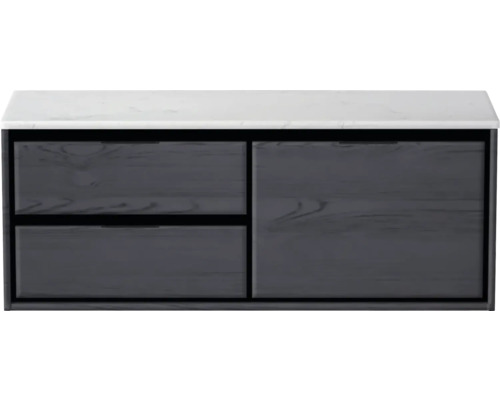 Waschtischunterschrank mit zwei Schubladen und einer Tür unter einer Waschtischplatte