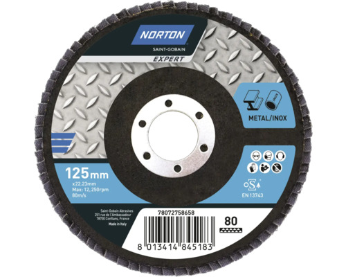 Expert Fächerschleifscheibe Norton Metal/Inox Ø 125x22,23 mm Korn 80 Expert Fächerschleifscheibe Norton Metal/Inox Ø 125x22,23 mm Korn 80