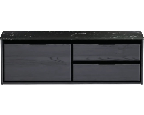 Waschtischunterschrank Sanox Loft BxHxT 141 x 47 cm x 46 cm Frontfarbe black oak mit Waschtischplatte Kunststein schwarz 2 Auszüge rechts
