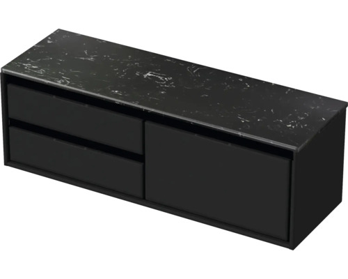 Waschtischunterschrank Sanox Loft BxHxT 141 x 47 cm x 46 cm Frontfarbe schwarz matt mit Waschtischplatte Kunststein schwarz 2 Auszüge links