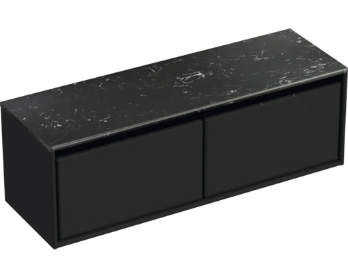 Schwarzer Waschtischunterschrank mit zwei Schubladen und Marmorplatte