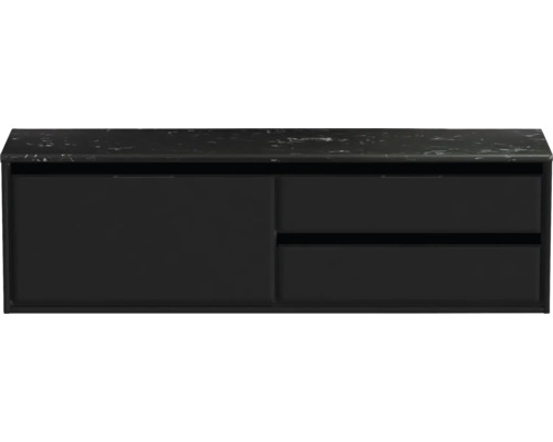 Waschtischunterschrank Sanox Loft BxHxT 161 x 47 cm x 46 cm Frontfarbe schwarz matt mit Waschtischplatte Kunststein schwarz 2 Auszüge rechts