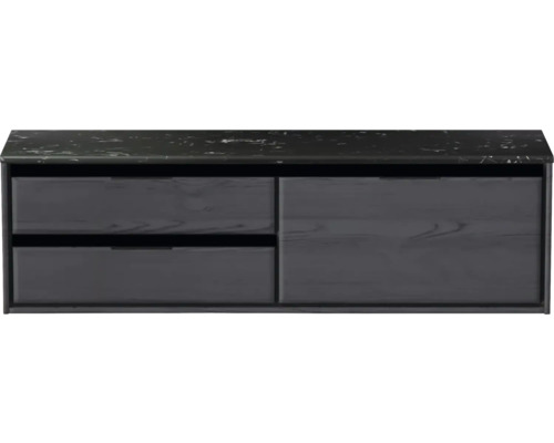 Waschtischunterschrank Sanox Loft BxHxT 161 x 47 cm x 46 cm Frontfarbe black oak mit Waschtischplatte Kunststein schwarz 2 Auszüge links