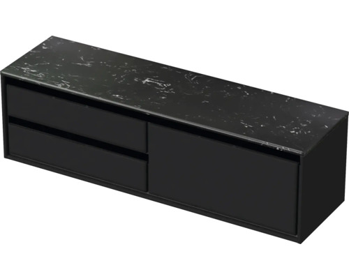 Waschtischunterschrank Sanox Loft BxHxT 161 x 47 cm x 46 cm Frontfarbe schwarz matt mit Waschtischplatte Kunststein schwarz 2 Auszüge links