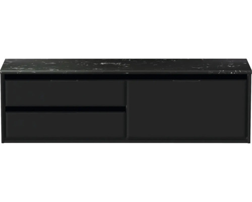 Schwarzer Waschtischunterschrank mit zwei Schubladen und zwei Türen unter Marmorplatte