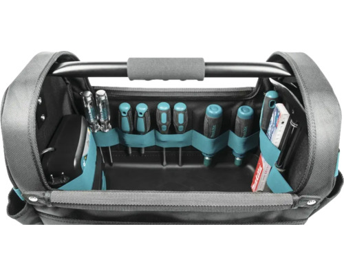 Werkzeugtasche mit Werkzeugen wie Schraubendrehern und Ladegerät