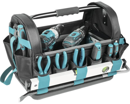 Werkzeugtasche gefüllt mit Werkzeugen wie Bohrmaschinen, Schraubendrehern, Zangen und Wasserwaage