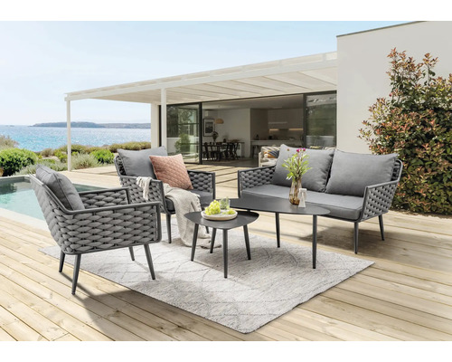 Gartenmöbelset Destiny RAVENNA 4 -Sitzer bestehend aus: 2 Sessel, Sofa, Beistelltisch, Tisch Aluminium Kunststoff Grau