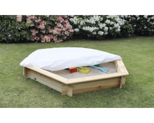 6-Eck Sandkasten Fynja mit weißer Plane Holz 173 x 148 x 21 cm natur Holzsandkasten mit Abdeckung und Spielzeug im Garten