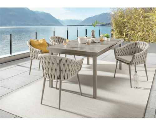 Sitzgruppe Destiny Molino Imola 4 Sessel + Tisch 165/215x100x75cm ausziehbar Gartensitzgruppe mit Tisch und vier Stühlen auf einer Terrasse mit Seeblick