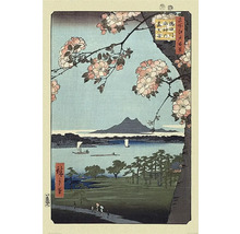 Japanischer Holzschnitt eines Sees mit Berg im Hintergrund und blühendem Baum im Vordergrund.