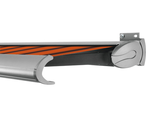 SOLUNA Kassettenmarkise Exclusiv 4x2 Stoff Dessin 744 Gestell E6EV1 silber eloxiert Antrieb rechts inkl. Motor und Wandschalter