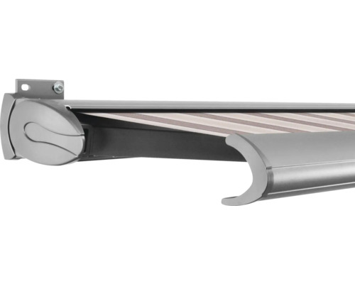 SOLUNA Kassettenmarkise Exclusiv 2x1,5 Stoff Dessin 8935 Gestell E6EV1 silber eloxiert Antrieb links inkl. Motor und Wandschalter Detailansicht einer Markise für den Außenbereich.