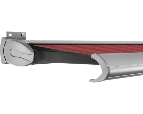 SOLUNA Kassettenmarkise Exclusiv 2,5x2 Stoff Dessin D035 Gestell E6EV1 silber eloxiert Antrieb links inkl. Motor und Wandschalter Detailansicht einer Markise mit rotem Stoff