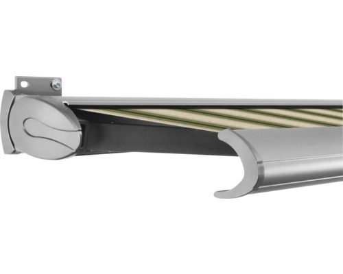 SOLUNA Kassettenmarkise Exclusiv 2,5x1,5 Stoff Dessin 320b70 Gestell E6EV1 silber eloxiert Antrieb links inkl. Motor und Wandschalter Markise im Detail
