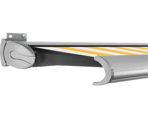 SOLUNA Kassettenmarkise Exclusiv 2,5x1,5 Stoff Dessin S2015 Gestell E6EV1 silber eloxiert Antrieb links inkl. Motor und Wandschalter Detailansicht einer Markise mit Streifenmuster