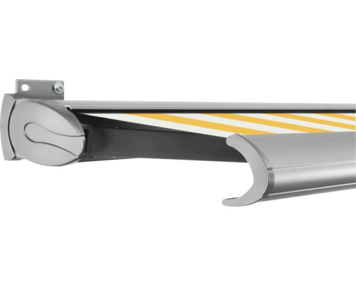 SOLUNA Kassettenmarkise Exclusiv 4x2,5 Stoff Dessin S2015 Gestell E6EV1 silber eloxiert Antrieb links inkl. Motor und Wandschalter