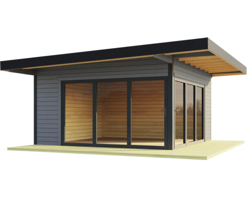 Modernes Gartenhaus mit Schiebetüren aus Glas und Holzverkleidung