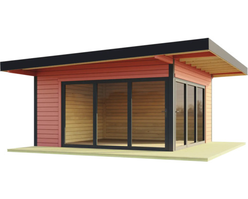 Modernes Gartenhaus mit Schiebetür und Holzverkleidung