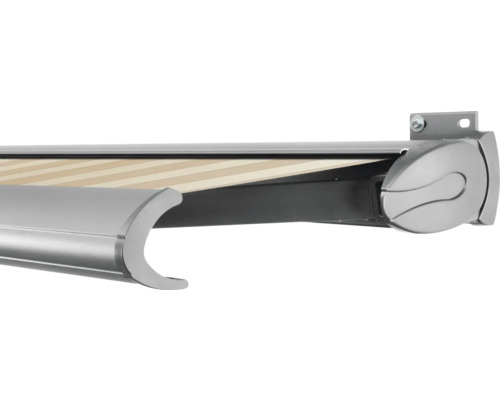 SOLUNA Kassettenmarkise Exclusiv 5x2,5 Stoff Dessin S2238 Gestell E6EV1 silber eloxiert Antrieb rechts inkl. Motor und Wandschalter