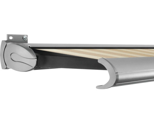 SOLUNA Kassettenmarkise Exclusiv 5x2 Stoff Dessin S2238 Gestell E6EV1 silber eloxiert Antrieb links inkl. Motor und Wandschalter Detailansicht einer Markise mit Streifenmuster