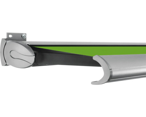 SOLUNA Kassettenmarkise Exclusiv 5x3 Stoff Dessin S2246 Gestell E6EV1 silber eloxiert Antrieb links inkl. Motor und Wandschalter Detailansicht einer Markise mit grüner Bespannung.