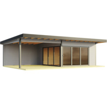 Modernes Gartenhaus mit Schiebetüren und überdachter Veranda.