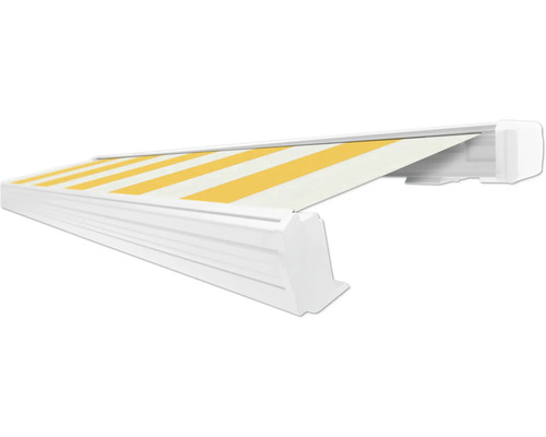 SOLUNA Kassettenmarkise Exquisit 4,5x2,5 Dessin S2015 Gestell RAL 9010 reinweiß Antrieb rechts inkl. Motor und Wandschalter