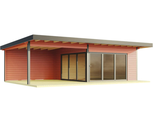 Illustration eines Gartenhauses mit Schiebetüren und überdachter Veranda.