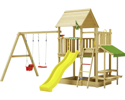 Doppelschaukel Spielhaus mit Stelzen Jungle Gym 476 x 306 cm Holz gelb