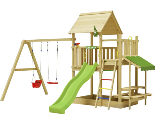 Doppelschaukel Spielhaus mit Stelzen Jungle Gym 476 x 306 cm Holz grün