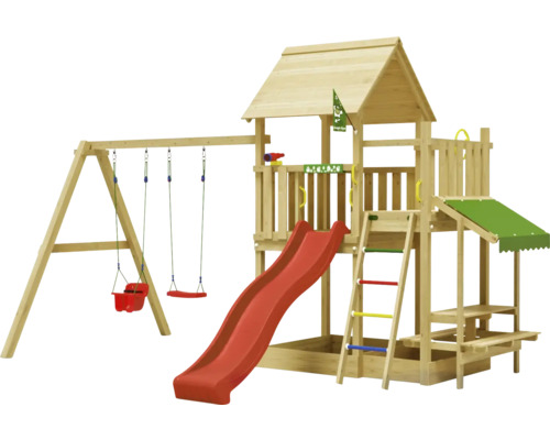 Doppelschaukel Spielhaus mit Stelzen Jungle Gym 476 x 306 cm Holz rot