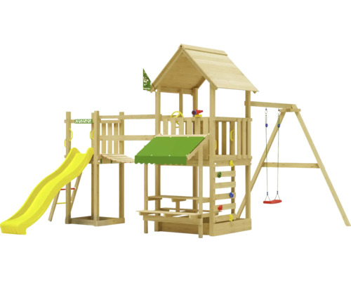 Einzelschaukel Spielhaus mit Stelzen Jungle Gym 434 x 479 cm Holz gelb
