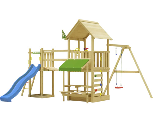 Einzelschaukel Spielhaus mit Stelzen Jungle Gym 434 x 479 cm Holz braun