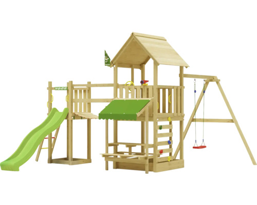 Einzelschaukel Spielhaus mit Stelzen Jungle Gym 434 x 479 cm Holz grün