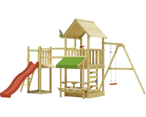 Einzelschaukel Spielhaus mit Stelzen Jungle Gym 434 x 479 cm Holz rot
