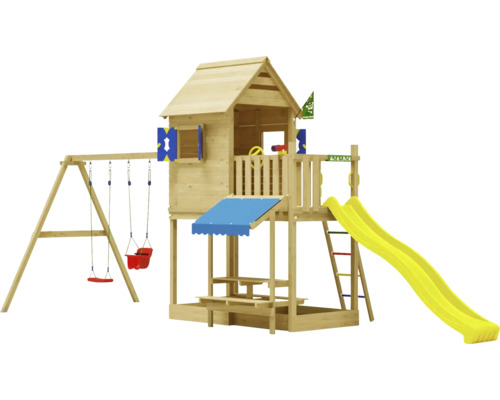 Doppelschaukel Spielhaus mit Stelzen Jungle Gym 678 x 265 cm Holz gelb