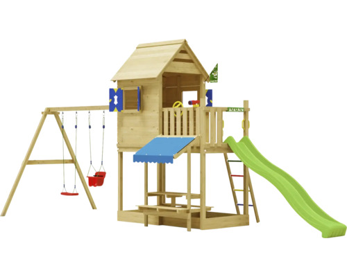 Doppelschaukel Spielhaus mit Stelzen Jungle Gym 678 x 265 cm Holz grün