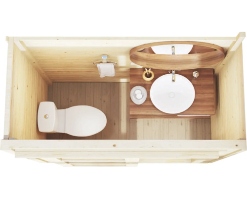 Innenansicht eines Badezimmers mit Toilette, Waschbecken und Holzwänden