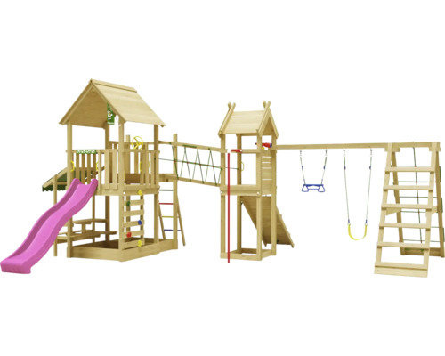Doppelschaukel Spielhaus mit Stelzen Jungle Gym 652 x 464 cm Holz fuchsia