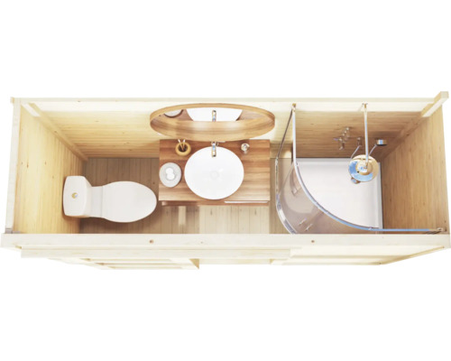 Badezimmer mit Toilette, Waschbecken und Dusche in einem hellen Holzhaus, Draufsicht