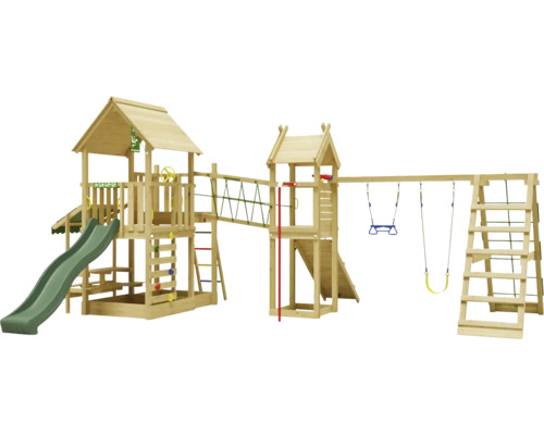 Doppelschaukel Spielhaus mit Stelzen Jungle Gym 652 x 464 cm Holz dunkelgrün