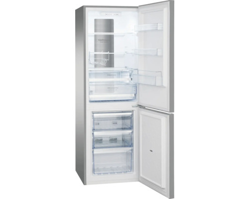 Geöffneter Kühlschrank mit Gefrierfach, ausgestattet mit Regalen und Schubladen